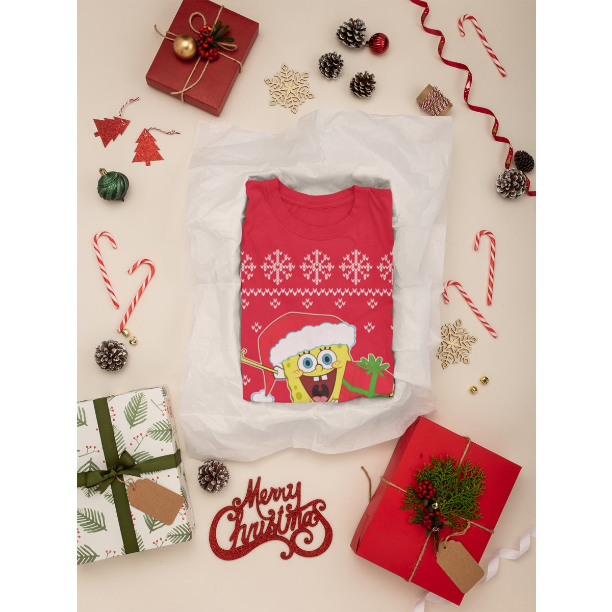 Ugly Christmas Spongebob Squarepants Weihnachtsmann Damen T-Shirt Slim Fit