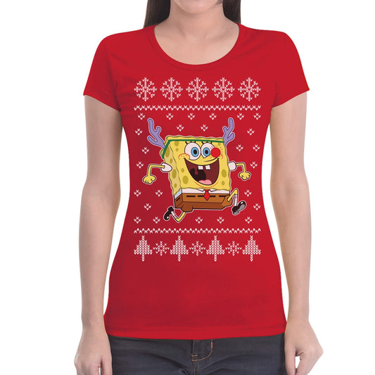 Spongebob SquarePants Rentier Ugly Christmas Damen T-Shirt Slim Fit