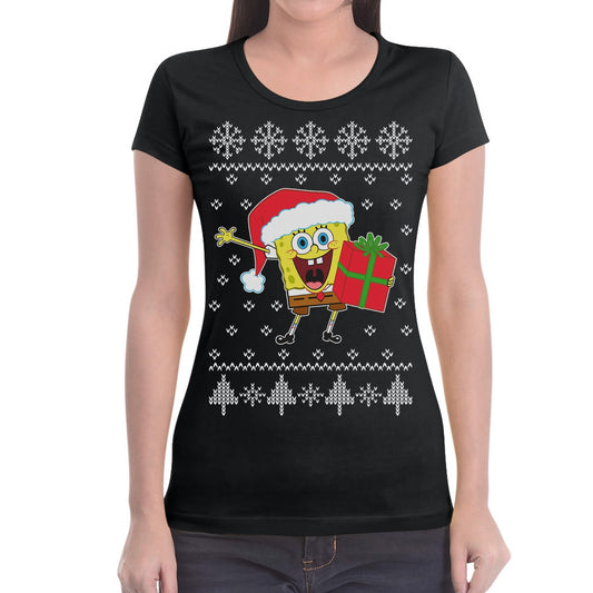 Ugly Christmas Spongebob Squarepants Weihnachtsmann Damen T-Shirt Slim Fit