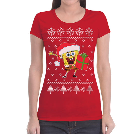 Ugly Christmas Spongebob Squarepants Weihnachtsmann Damen T-Shirt Slim Fit